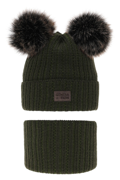 Boy's winter set: green hat and khaki with two pompoms Tokio