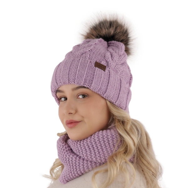 Girl's winter set: hat and tube scarf violet Torina with pompom