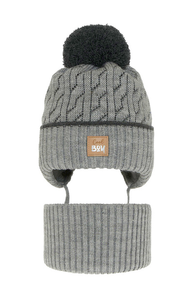 Boy's winter set: hat and tube scarf grey Pikolo with pompom