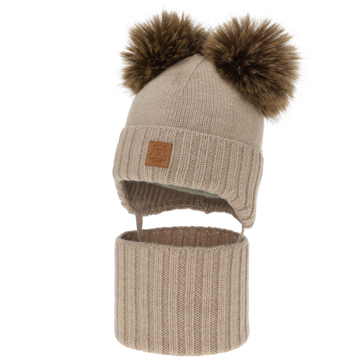 Boy's hat and snood, winter set, beige, 100% merino wool, lined with wool fleece, Ronik
