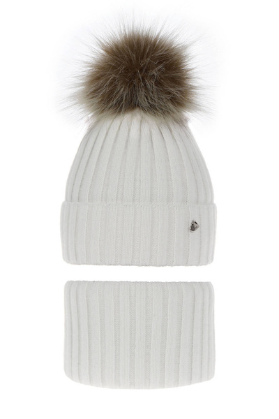 Girl's winter set: hat and tube scarf white Wilma with pompom