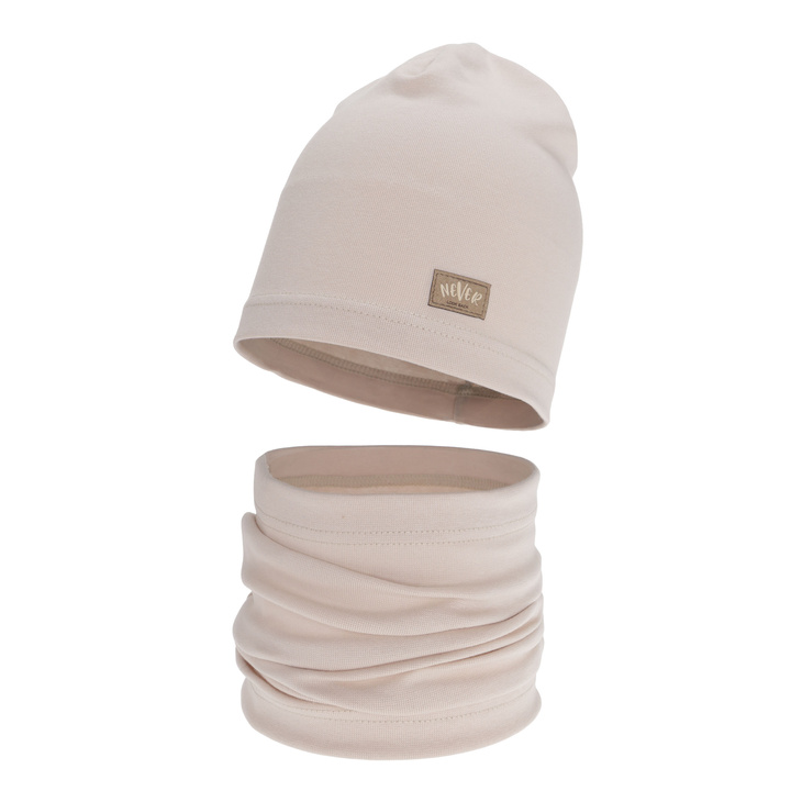 Girl's spring, autumn set: hat and tube scarf, beige, cotton, Torila