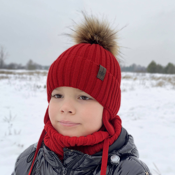 Boy's winter set: hat and tube scarf red Puzel with pompom