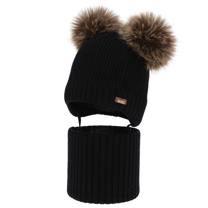 Boy's hat and snood, winter set, black, 100% merino wool, lined with wool fleece, Lumio