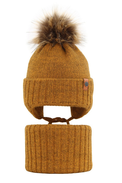 Boy's winter set: hat and tube scarf mustard Dominik with pompom