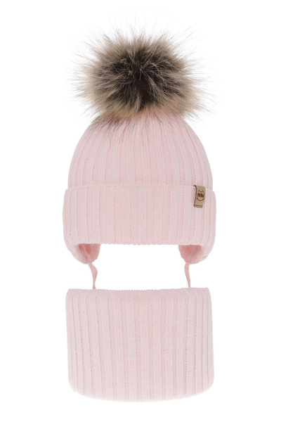 Girl's winter set: hat and tube scarf pink with pompom Louisa