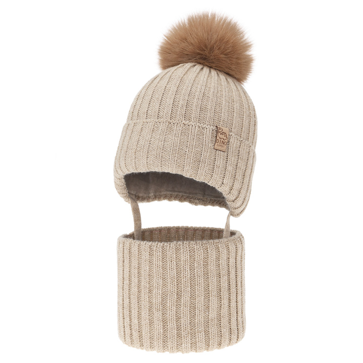 Boy's winter set: hat and tube scarf, beige, with pompom, Bagil