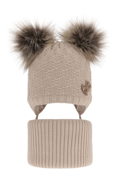 Girl's winter set: hat and tube scarf beige with two pompoms Bettina