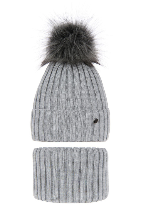Girl's winter set: hat and tube scarf grey Wilma with pompom