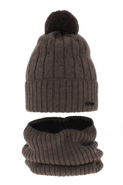 Boy's winter set: hat and tube scarf brown merino wool Talar with pompom