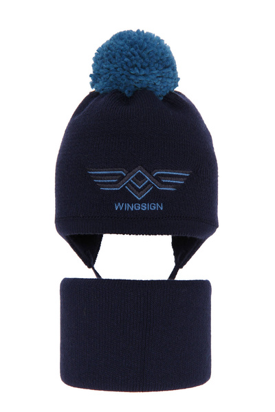 Boy's winter set: hat and tube scarf navy blue Wings with pompom