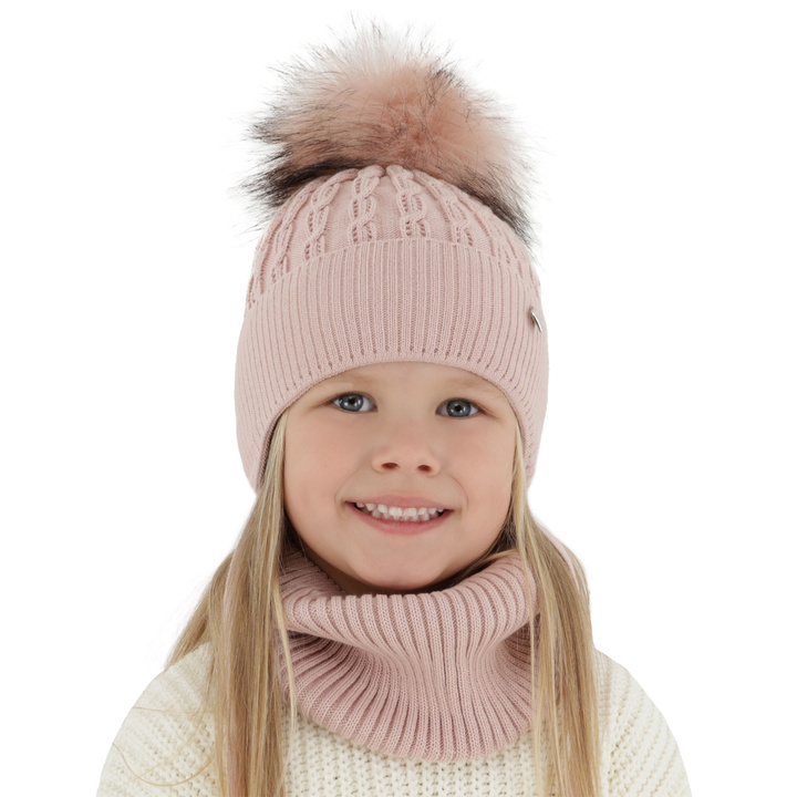 Girl's winter set: hat and tube scarf pink with pompom Tukana 