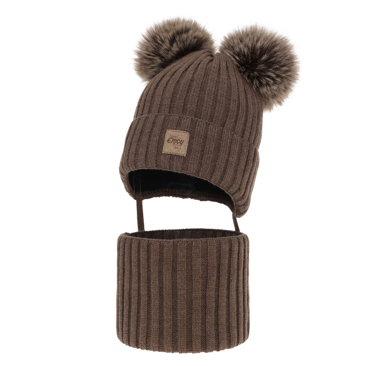 Boy's winter set: hat and tube scarf brown with two pompoms Orange