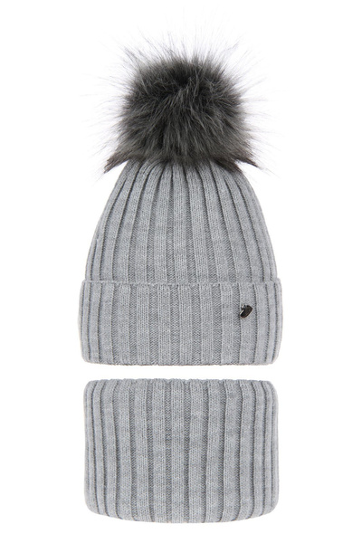 Girl's winter set: hat and tube scarf grey Wilma with pompom