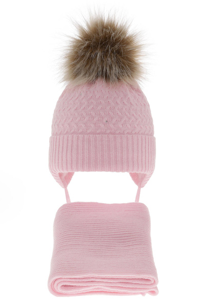 Girl's winter set: hat and scarf pink with pompom Zelta