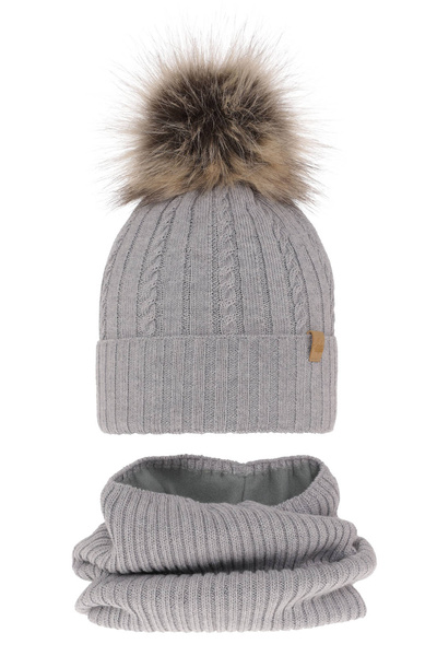 Girl's winter set: hat and tube scarf grey merino wool Mirabel