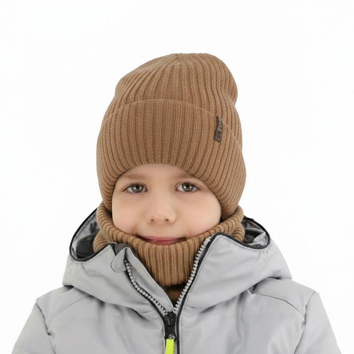 Boy's winter set: hat and tube scarf, camel, 100% merino wool, Gizmo