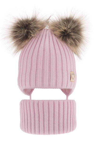 Girl's winter set: hat and tube scarf pink Telisa with two pompom