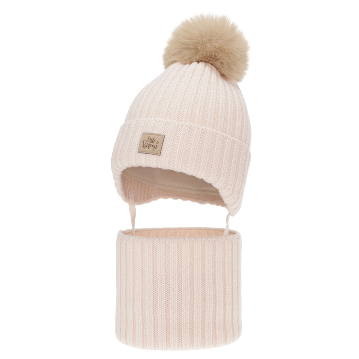 Girl's winter set: hat and tube scarf, light pink, 100% merino wool, with ears, cotton lining, Malesia