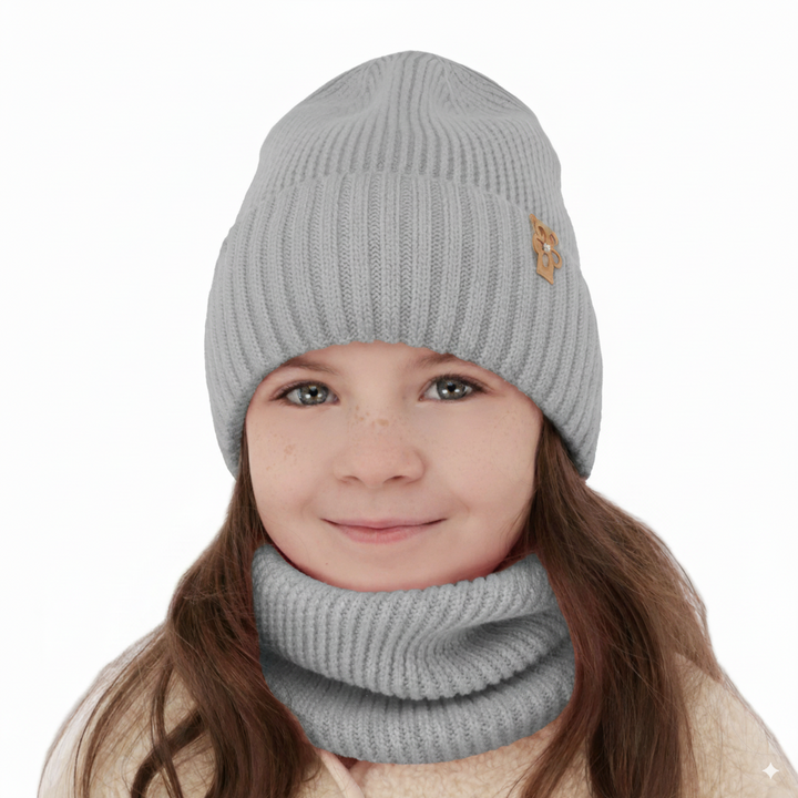 Girl's winter set: hat and tube scarf grey 100% extra finemerino wool Nelita