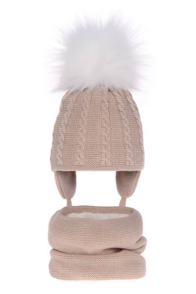 Girl's winter set: hat and tube scarf beige Klementin with pompom