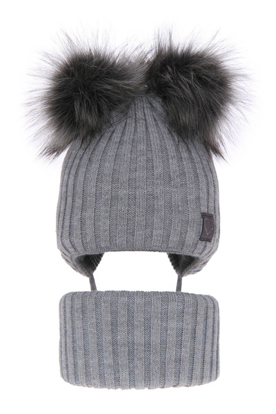 Girl's winter set: hat and tube scarf grey Telisa with two pompom