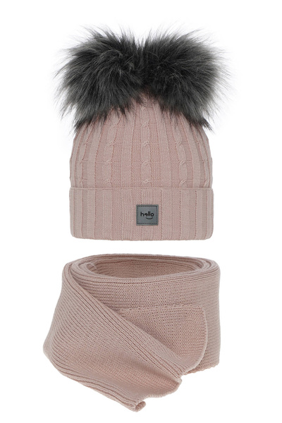 Girl's winter set: hat and scarf pink Zenda with two pompom