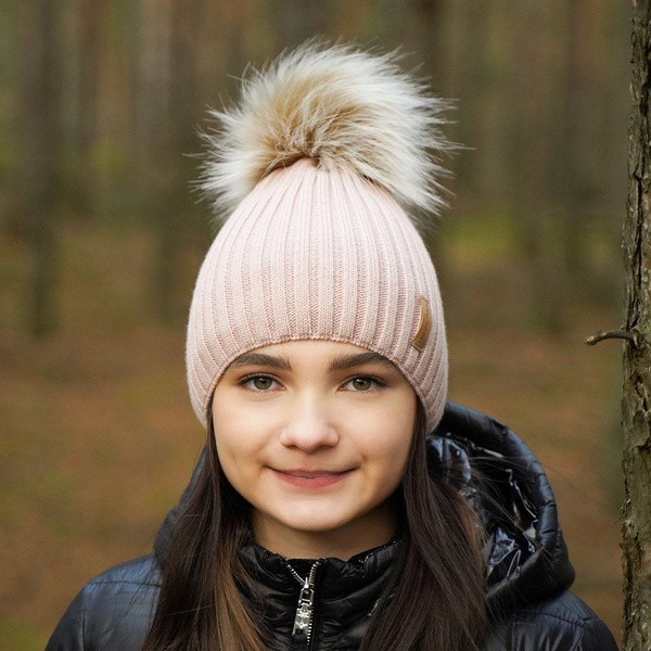 Girl's winter hat pink Werbena with pompom