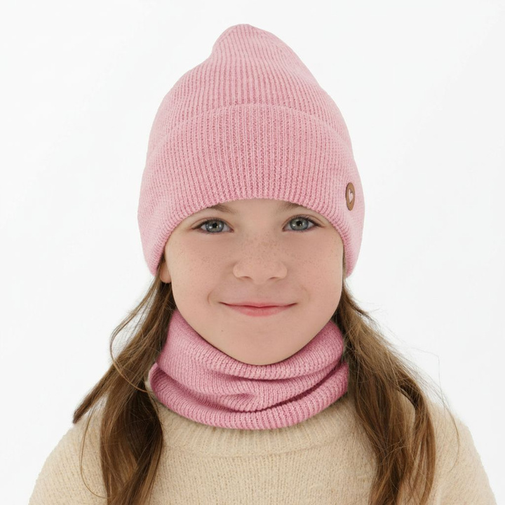Girl spring autumn set hat and tube scarf pink 100% extra fine merino wool Brook