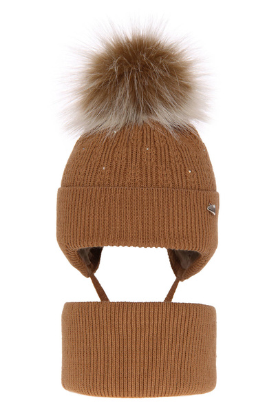 Girl's winter set: hat and tube scarf camel Kornela with pompom