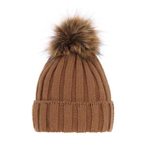 Woman's winter hat camel Mokka with pompom