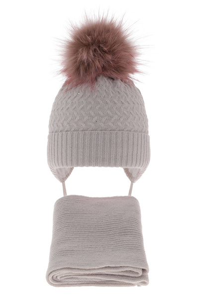 Girl's winter set: hat and scarf grey with pompom Zelta