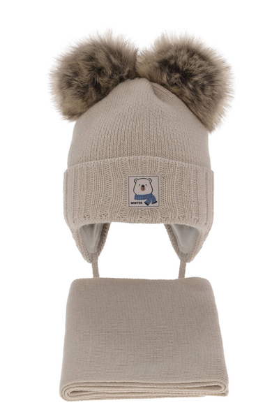 Boy' s winter set: hat and scarf beige with two pompoms Jewel