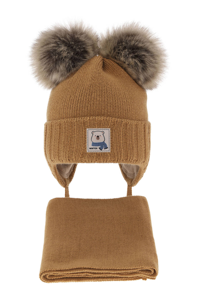 Boy' s winter set: hat and scarf camel with two pompoms Jewel