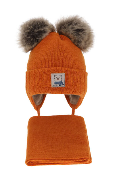 Boy' s winter set: hat and scarf orange with two pompoms Jewel