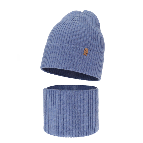 Boy's spring/ autumn set: hat and tube scarf blue 100% extra finemerino wool Lemas