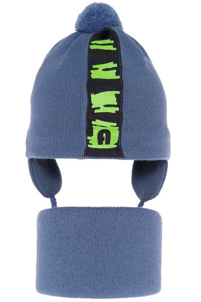 Boy's spring/ autumn set: hat and tube scarf blue Saper with pompom