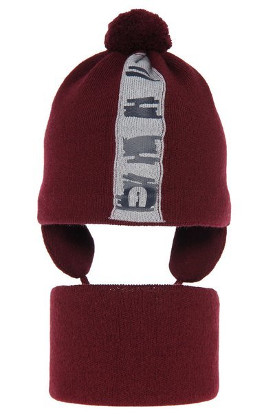 Boy's spring/ autumn set: hat and tube scarf burgund Saper with pompom