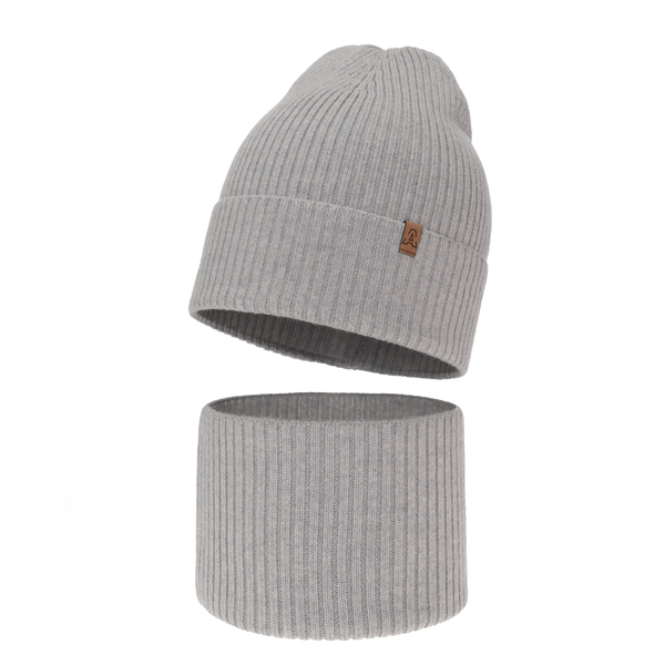 Boy's spring/ autumn set: hat and tube scarf grey 100% extra finemerino wool Lemas