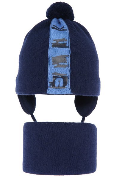 Boy's spring/ autumn set: hat and tube scarf navy blue Saper with pompom