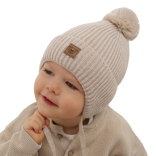 Boy s winter hat beige 100 extra fine merino wool lined with wool fleece Tofik