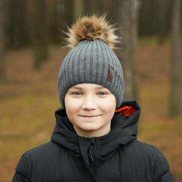 Boy's winter hat grey Amur with pompom