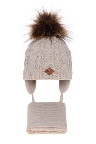 Boy's winter set: hat and scarf beige Minor with pompom