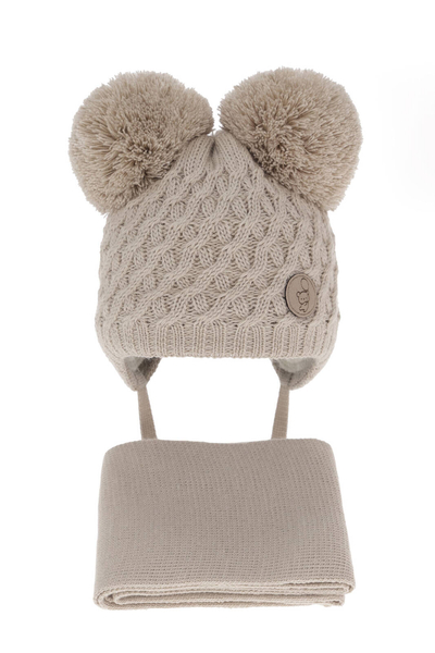 Boy's winter set: hat and scarf beige with two pompom Alonso