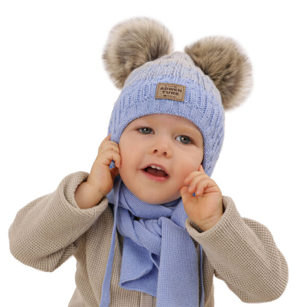 Boy's winter set: hat and scarf blue with two pompom Platon