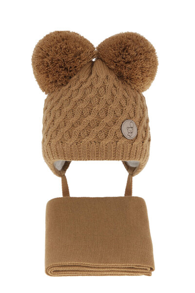 Boy's winter set: hat and scarf camel with two pompom Alonso