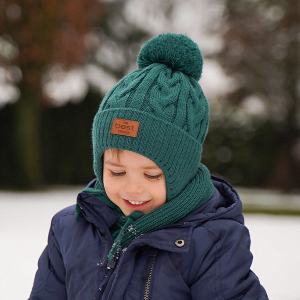 Boy's winter set: hat and scarf green Remix with pompom