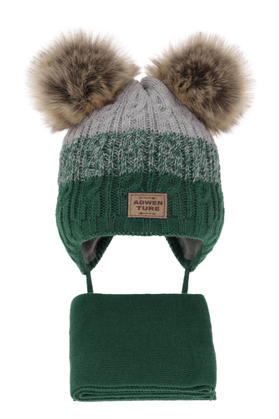 Boy's winter set: hat and scarf green with two pompom Platon