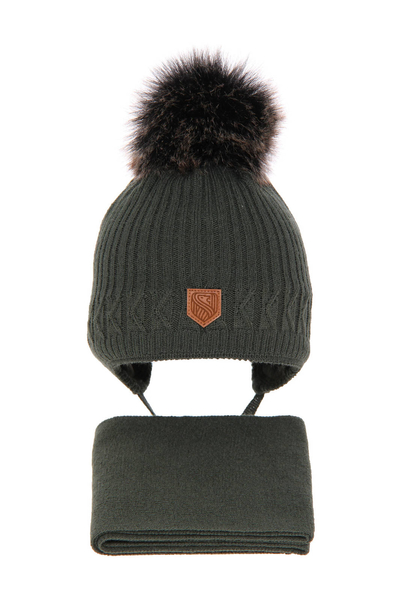 Boy's winter set: hat and scarf khaki Radison with pompom