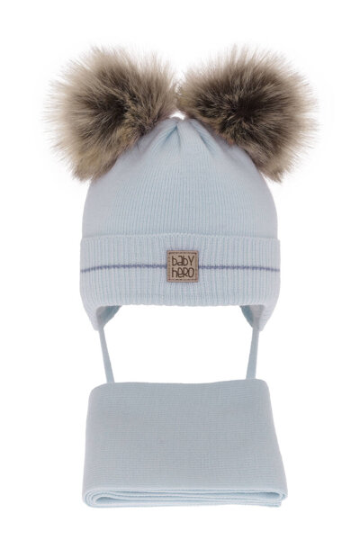 Boy's winter set: hat and scarf light blue with two pompom Melon